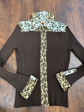 Belldini Y2K Brown Stretch Knit Leopard  Bedazzled Zip Sweater